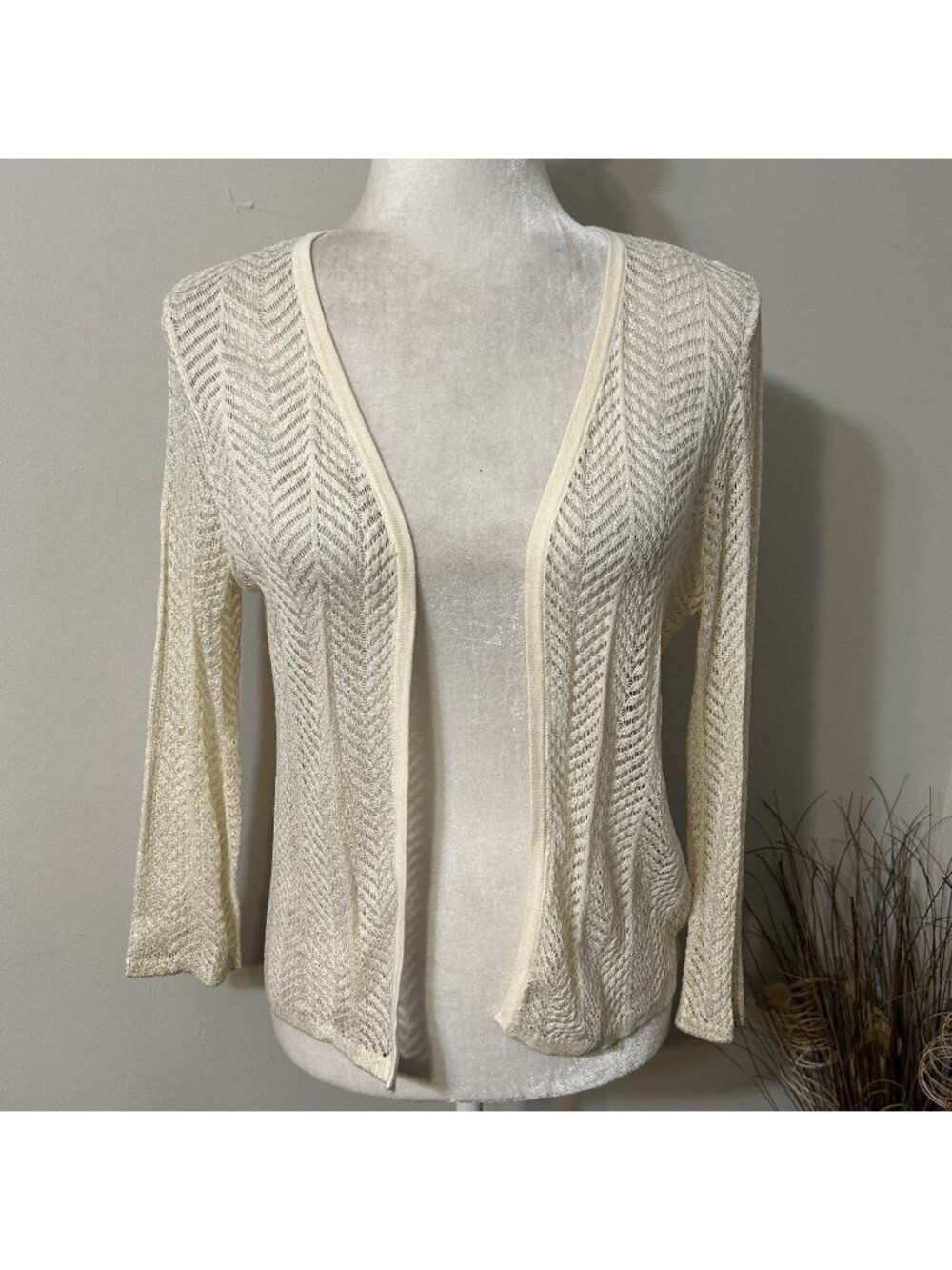 NWT Reba Women Crochet Open Knit Cardigan Cream Gold Foiled Open Front Cotton M
